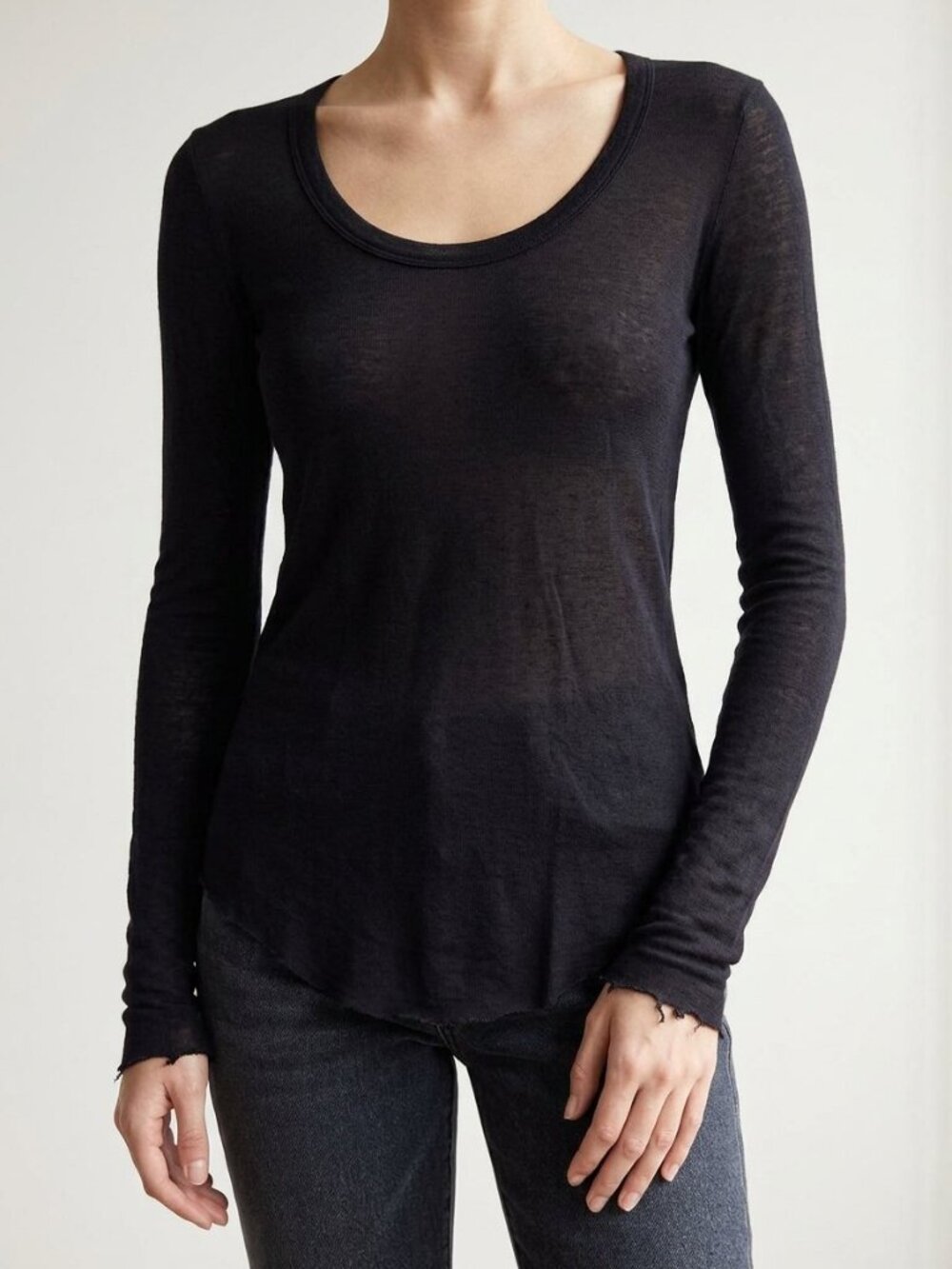 A.L.C. Navy Blue Tencel Cashmere Scoop Neck Long Sleeve Raw Hem Top | Size S